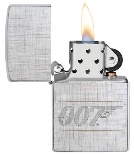 Image of Zippo Windproof Lighter, James Bond BT 007 Gun Logo Design - Linen Weave, Laser Engraving /Auto-Engraving - Refillable, Reusable, Windproof Design - Comes in Gift Box - Made in USA