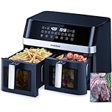 12QT Large Dual Air Fryer, 10-in-1 Double Zone Airfryer with 2×6QT Baskets, 60° Easy-Panel with Full Touchscreen, SyncCook Function, Viewing Window, Nonstick & Dishwasher Safe, Black Blue