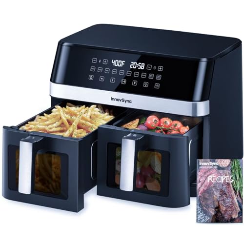 12QT Large Dual Air Fryer, 10-in-1 Double Zone Airfryer with 2×6QT Baskets, 60° Easy-Panel with Full Touchscreen, SyncCook Function, Viewing Window, Nonstick & Dishwasher Safe, Black Blue