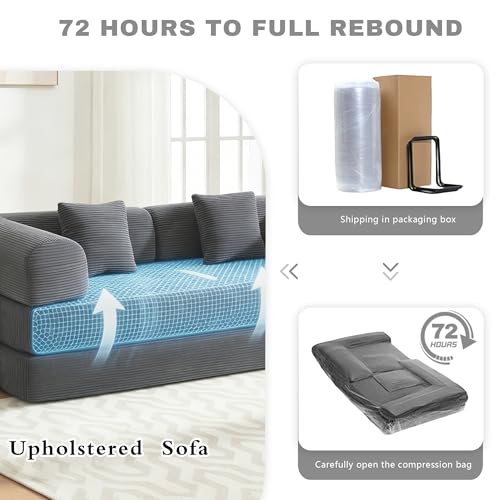 Image of 80 Inch Multi-Functional Convertible Sofa Bed, Fixed Shape Frame, High Density Foam with Corduroy, Easy Assembly, for Living Room and Bedroom. (Gray)