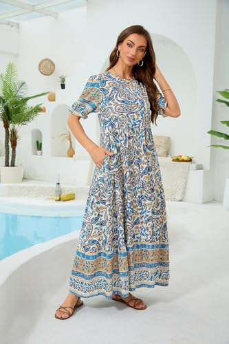 Image of Women's Maxi Dress Casual Loose Fit Tiered A-Line Flowy Summer Dress with Pockets