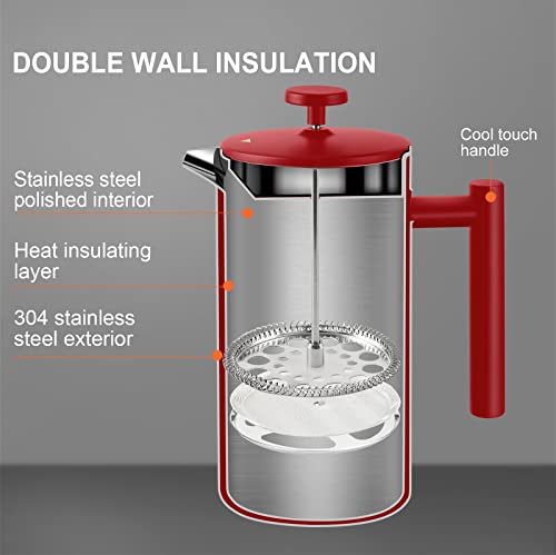 Image of Secura French Press Coffee Maker, 304 Grade Stainless Steel Insulated Coffee Press with 2 Extra Screens, 34oz (1 Litre), Red (Pack of 12)