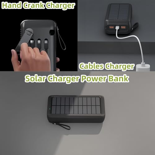 Solar Power Bank Portable Charger 63200mAh Battery Pack, Hand Crank Charger Dual Outputs Inputs 4 LED Flashlight, Fast Charging with Built in Cables Power for Phone Camping Emergency Travel (Green)