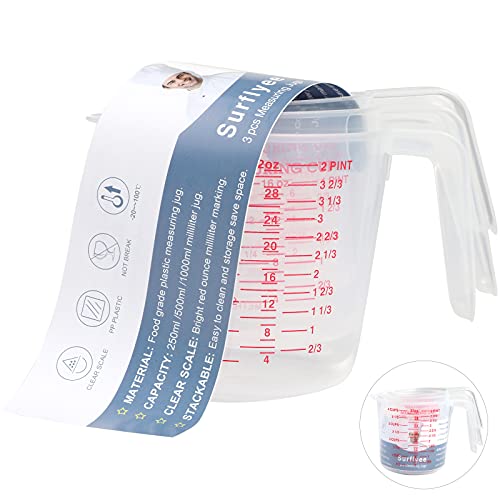 Measuring Jugs Set 250ML 500ML 1000ML Clear Measuring Cup for Cooking Baking, Plastic Measuring Jug BPA Free Stackable Plastic Jugs with Handle, Easy to Read Measurements, Cook with Accuracy