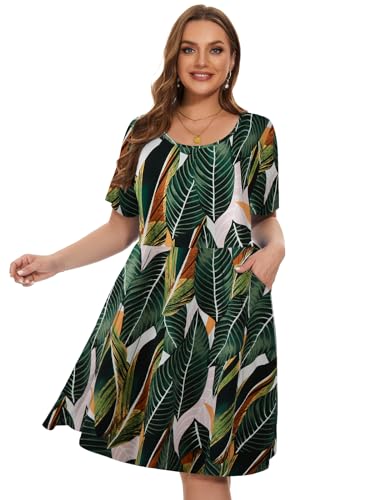 Image of LARACE Women's Plus Size Summer Dress Short Sleeve Casual Pleated Swing Midi Dresses with Pockets