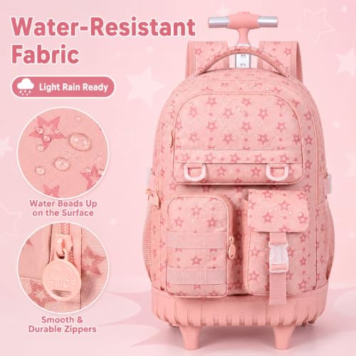 Image of CCJPX Rolling Backpack for Girls, 3Pcs Roller Wheeled School Bookbag, Star Wheels Backpacks with Lunch Box for Kids (Pink)