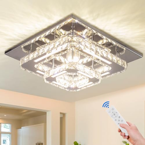 CXGLEAMING Modern Crystal Chandelier - 12" Flush Mount Ceiling Light Fixture with Remote Control - Dimmable LED Chandelier for Bedrooms,Living Rooms,Closet,Hallways,Bathroom