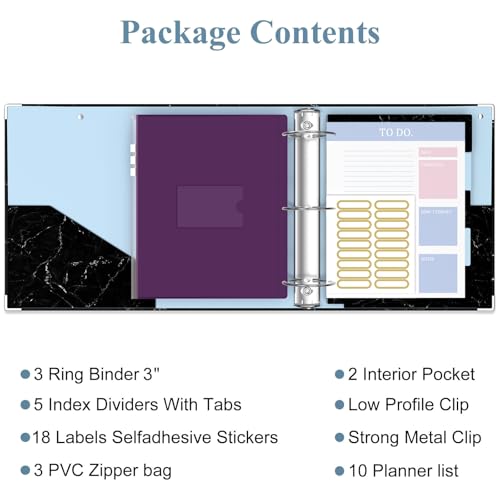 Image of 3 Ring Binder, 3 Inches Round Ring Binder with Clipboard, Dividers Tabs, PVC Zipper Bag Sleeves & to Do List Planners for Women, Men, School, Office Supplies, Black Marble