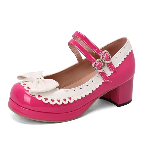 Seborluys Lolita Chunky Heel Mary Janes Shoes Womens with Bow Kawaii Cute Dress Platform Strappy Pumps Costume Cosplay Round Toe Pump Shoe Sweet Rockabilly Pumps