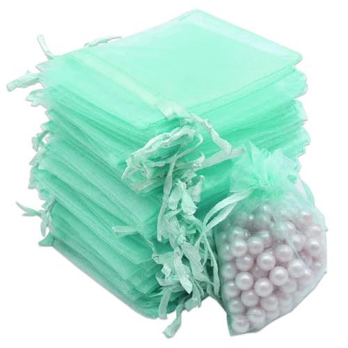 JOOTUEPO 7 x 9 cm Bolsa Organza Verde Menta, 100 Bolsas De Regalo De Organza, Bolsa de Joyas, Bolsitas Regalos con Cordón, Adecuado para Bodas/Regalos/Joyería/Confitería