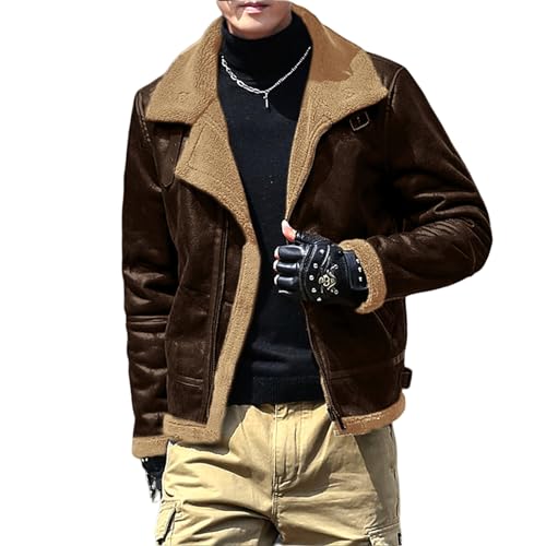 Thatrich Sherpa Lined Jacket Men Slim Fit Bomber Jacket Faux Leather Fur Coat Warm Windbreaker Jackets Outdoor Overcoat Coats