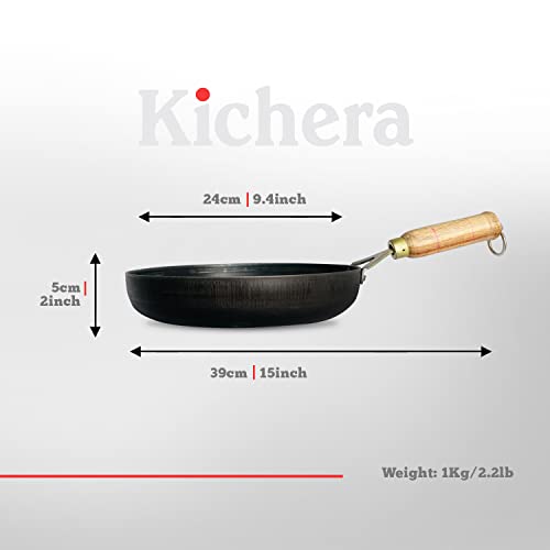 Image of Kichera Iron Fry Pan with Wooden Handle 24cm /10 inch, 1.5Ltr, 1kg | Gas Stove and Induction Friendly | Pre-Seasoned Black Flat Sheet Metal Iron Traditional Frying Pan