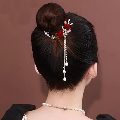 Pinzas para el cabello con perlas y rosa roja Myhiju miniatura 2