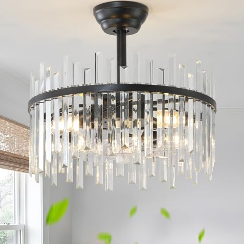 Image of Black Fandelier Ceiling Fans with Lights, Crystal Chandelier Ceiling Fan with Light Remote Control, Mid Century with 6 Speeds for Bedroom, Living Room