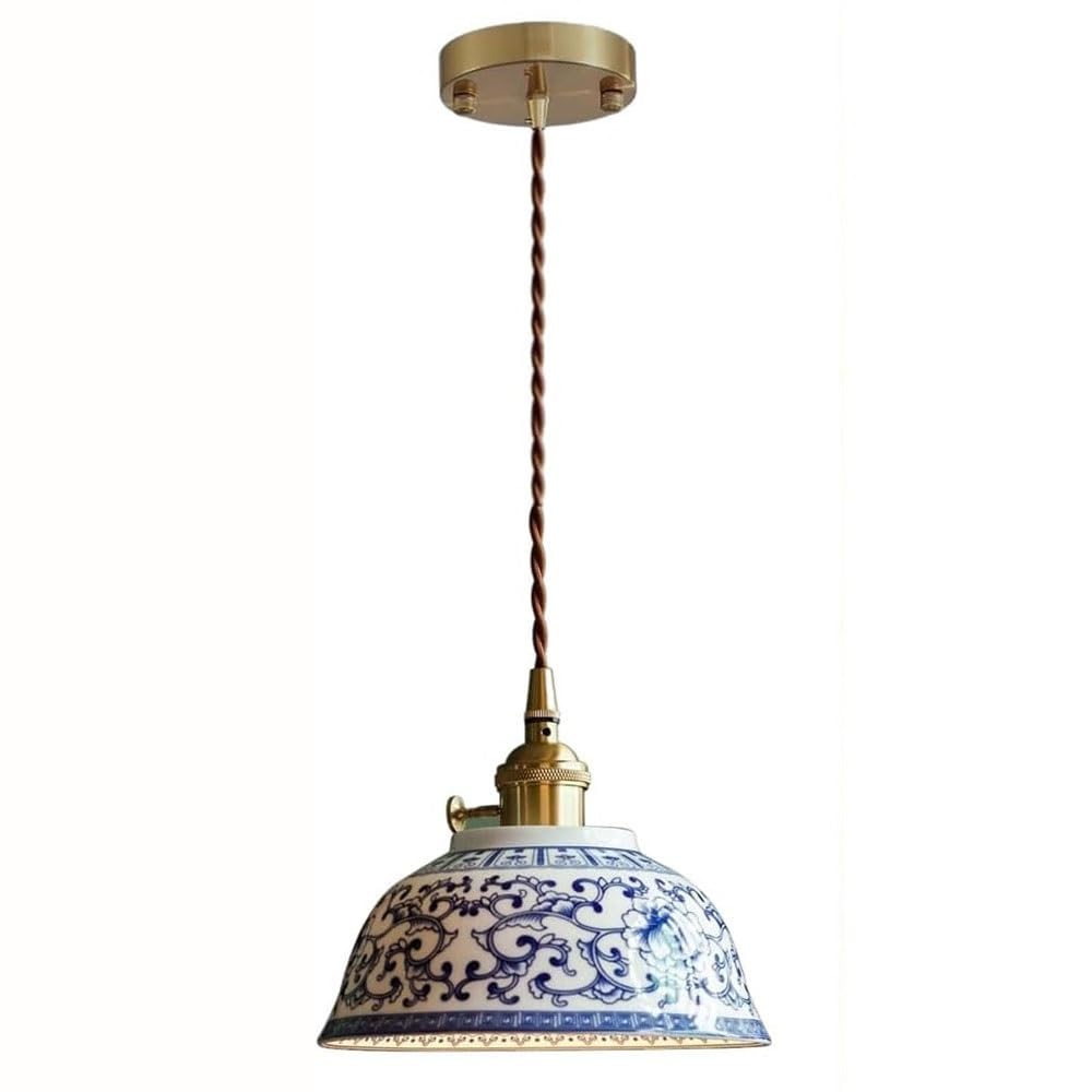 LYMSXAZOU Chinese Blue and White Porcelain Pendant Light Modern Ceramic Shade Hanging Lamp Interior 1-Light Bedside Decor Chandelier for Kitchen Island Suspended Fixture