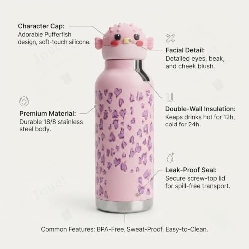 Image of JOUET Kids 600ml Pufferfish Water Bottle, Stainless Steel Reusable Drinking Bottle with Character Lid for School, Outdoor, Travel & Daily Use