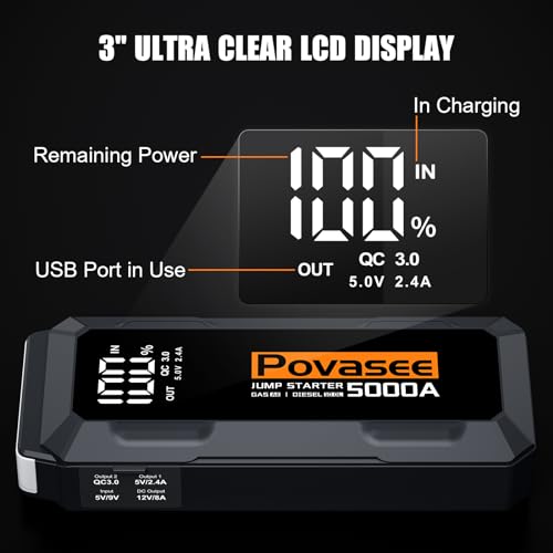 Povasee Starthilfe Powerbank, 5000A Starthilfe Auto (bis zu Alle Benzin/10L Diesel) mit 3 Zoll LCD-Display, Booster mit 2 USB-Ausgängen… – Ansicht 5