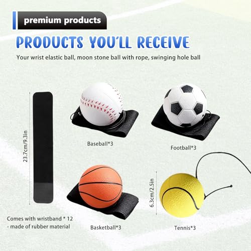 BAIFULAI 12 Stück Springball mit Schnur: Ø 6 cm Ball mit Schnur, Ball mit Gummiband für Handgelenkübungen oder Spielgeschwindigkeits, Basketball/Tennis/Baseball/Fußball(Mehrfarbig)
