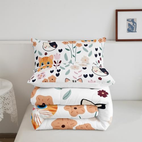 Image of Feelyou Cute Kitten Cat Comforter Set Toddler Size, Cartoon Cat Comforter Set Toddler Size Kawaii Cats and Flowers Comforter for Kids Toddler Cat Lover's Animal Duvet Set Lightweight Quilt Set