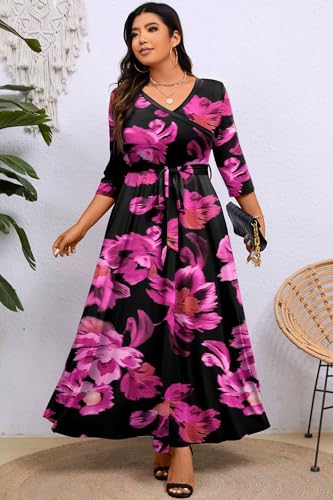 Image of Runwind Plus Size Dress for Women - 3 /4 Sleeve V Neck Maxi Dresses for Women (XL-6XL)