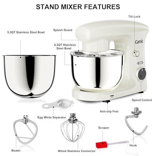 Image of Camic Stand Mixer, 4.2QT+5.3QT Two bowls Electric Food Mixer, 10 Speeds with Digital setting 3-IN-1 Kitchen Mixer for Baking Cakes Cookie Bread Salad with Egg Whisk,Dough Hook,Flat Beater (White)