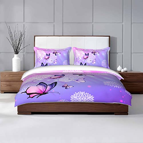 Faiiuerk Girly Butterfly Queen Size Duvet Cover Set Butterflies Purple And Pink Printed Bedding Set(1 Duvet Cover + 2 Pillow Cases) #TOP3