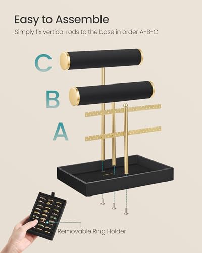 Image of SONGMICS Bracelet Holder Stand, Jewelry Display Stand, Jewelry Organizer, with 2 Tiers and Velvet Tray, Earring Organizer, Removable Ring Holder, Ink Black and Pale Gold UJJS046B101