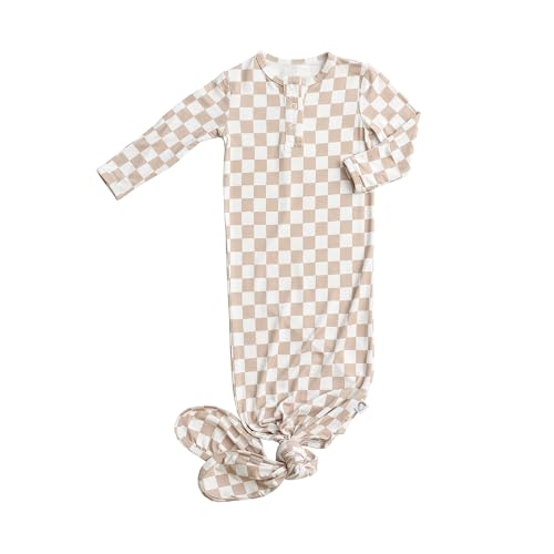Image of Upton Ave Checkered Knotted Gown Baby Newborn, Viscose derived from Bamboo, Infant Sleeper with Mittens, Baby Girl, Baby Boy
