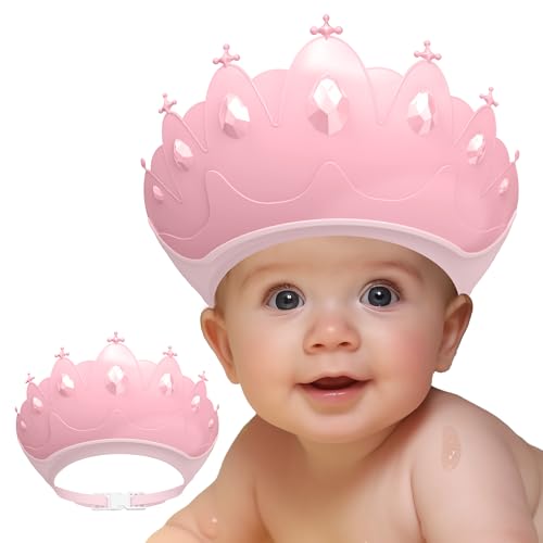 Image of Baby Shower Cap Shield, Baby bath set shower cap, Visor Hat for Eye and Ear Protection for 0-9 Years Old Children,Cute Crown Shape Makes the Baby Bath More Fun (Pink)