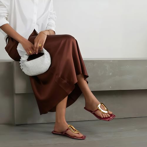 Image of PARTY Square Toe Flip Flops Women,Fashion Designer Thong Sandals with Gold Buckle Trendy Summer Comfort Flat Sandals