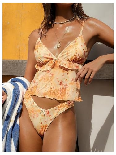 WDIRARA Women's 2 Piece Floral Ruffle Tankini Swimsuit High Cut Bathing Suit4