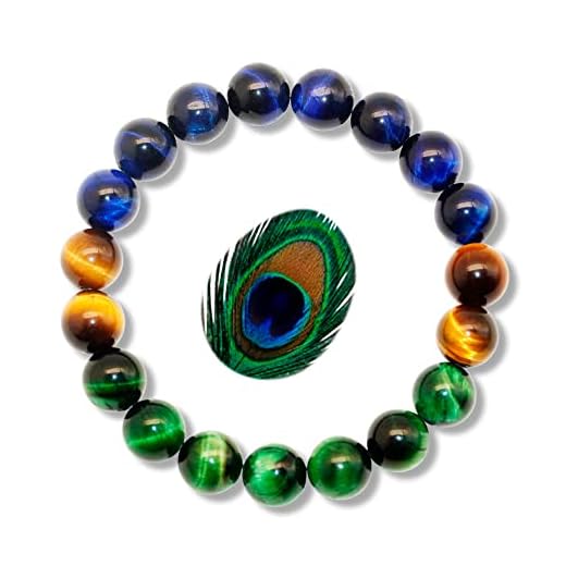 POZANKI Peacock Triple Protection Bracelets for Women Men, Healing Crystal Chakra Tiger Eye Beaded Bracelets, Semi Precious Gemstone Stretch Bracelets for Stress Relief, Feng Shui, Good Mood and Lucky