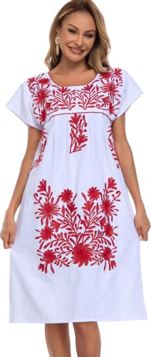 Image of YZXDORWJ Women Mexican Embroidered Long Dress Ruffle Collar Maxi Boho Floral Summer Short Sleeve