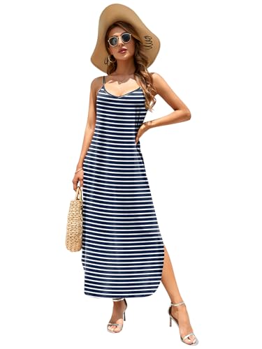 Image of HUSKARY Women's Summer Casual Sleeveless V Neck Strappy Split Loose Dress Beach Cover Up Long Cami Maxi Dresses with Pocket