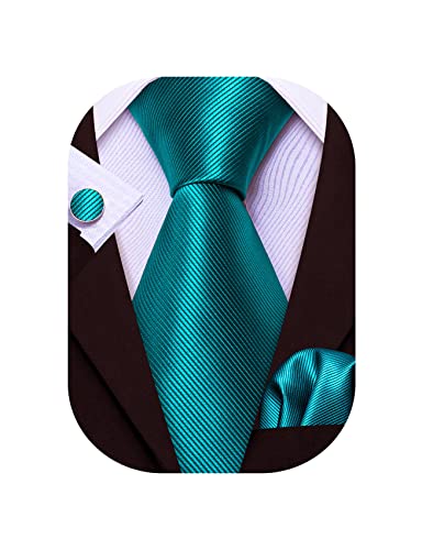 Barry.Wang Plain Men Ties for Wedding Business Handkerchief Cufflinks Necktie Set Solid Colors, Teal Solid, One size