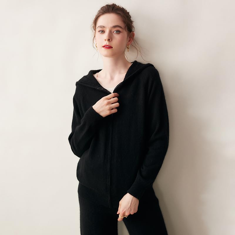 Image of Women's Fall and Winter 100% Cashmere Zipper Open Long Sleeve Hoodie