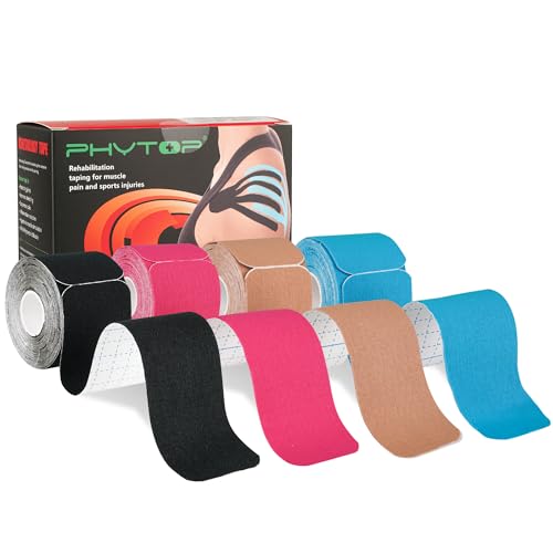 PHYTOP Nastro Kinesiologico - 80 Strisce Pretagliate (25 Cm x 5 Cm) - Nastro Di Tape Kinesiologico Di Colori Misti Per Muscoli, Articolazioni, Sport E Fisioterapia (Nero, Beige, Blu, Rosa)