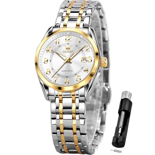 OLEVS Womens Watches Classic Two Tone Business Analog Quartz Watch Ladies Waterproof Stainless Steel White Fashion Watch for Woman with Date