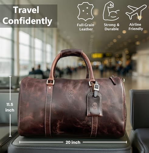 RUSTIC TOWN Leather Travel Duffle Bag For Men Women - Leather Duffel Bags (Dark Brown)