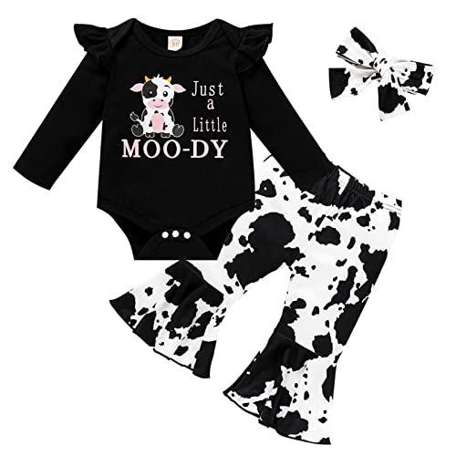 Image of GRNSHTS Newborn Girl Clothes Baby Cow Letter Print Romper+Long Pants+Headband 3PCS Cute Summer Fall Outfits