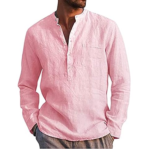 LVCBL Camisa De Lino para Hombre Henley Camisas Largas Cover