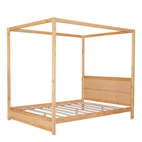 Harper & Bright Designs Queen Size Canopy Bed With Headboard,4-Post Canopy Platform Bed Frame, Solid Wood Queen Bed Frame For Kids Teens Adults, No Box Spring Needed (Natural) #TOP7