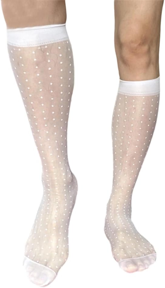 Super Thin Transparent Men's Sheer Socks Dot Patterned Long Tube Stockings for Formal Event with Breathable Nylon