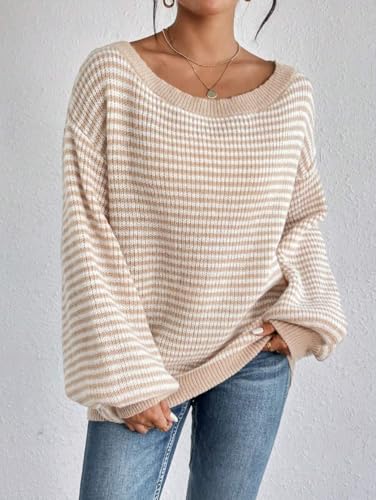 SKAYS Off The Shoulder Sweater Fall Striped Pullover Knit Sweaters for Women Long Sleeve Lightweight Drop Shoulder Tops Beige S3