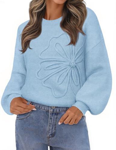 MEROKEETY Women's Floral Sweater Crew Neck Lantern Sleeve 2025 Fall Winter Trendy Warm Chunky Pullover Tops