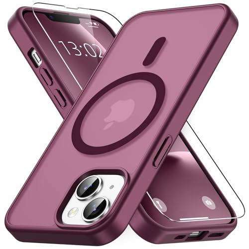 Vansdon Funda Magnética iPhone 13/14 con Cristal Templado – MagSafe, Translucida Mate Burdeos, Protección contra caídas de grado militar