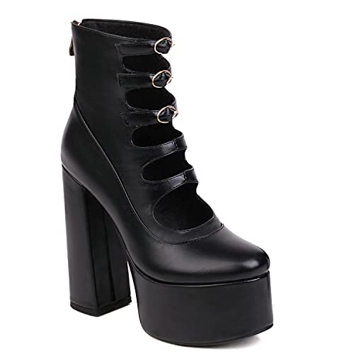 LEHOOR Chunky High Heel Platform Mary Jane Pumps for Women Round Toe Strappy Caged Sandal Booties Zipper 4" Block Heel Triple Ankle Strap Mary Janes Bow Buckle Lightweight Matte Party 4-11 M US2