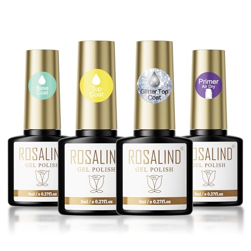 ROSALIND Base y Top Coat Semipermanente, Primer Uñas Semipermanente Glitter Brillante Top Coat Esmaltes Semipermanentes Soak Off UV/LED, 4 * 8ml