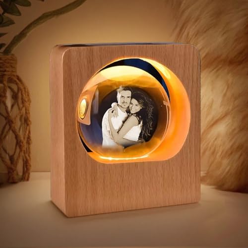 Custom 3D Crystal Photo Night Light – Personalized Glass Photo Ball with Customized 3D Picture Engraving, LED Light Wood Base, Unique Custom Gifts for Family, Pets, Birthday, Valentine's Day (Style 1)