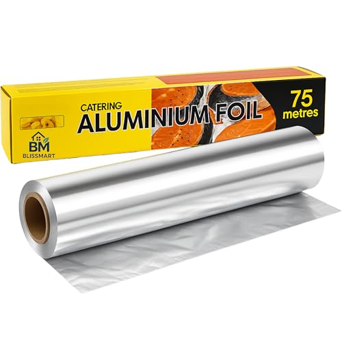 BlissMart Aluminium Foil Roll 30cm x 75m Tin Foil Kitchen Foil Premium Quality Kitchen Roll Catering Foil Baking & Cooking Foil Paper Roll Food Wrapping Strong Kitchen Foil Roll with Built-in Cutter